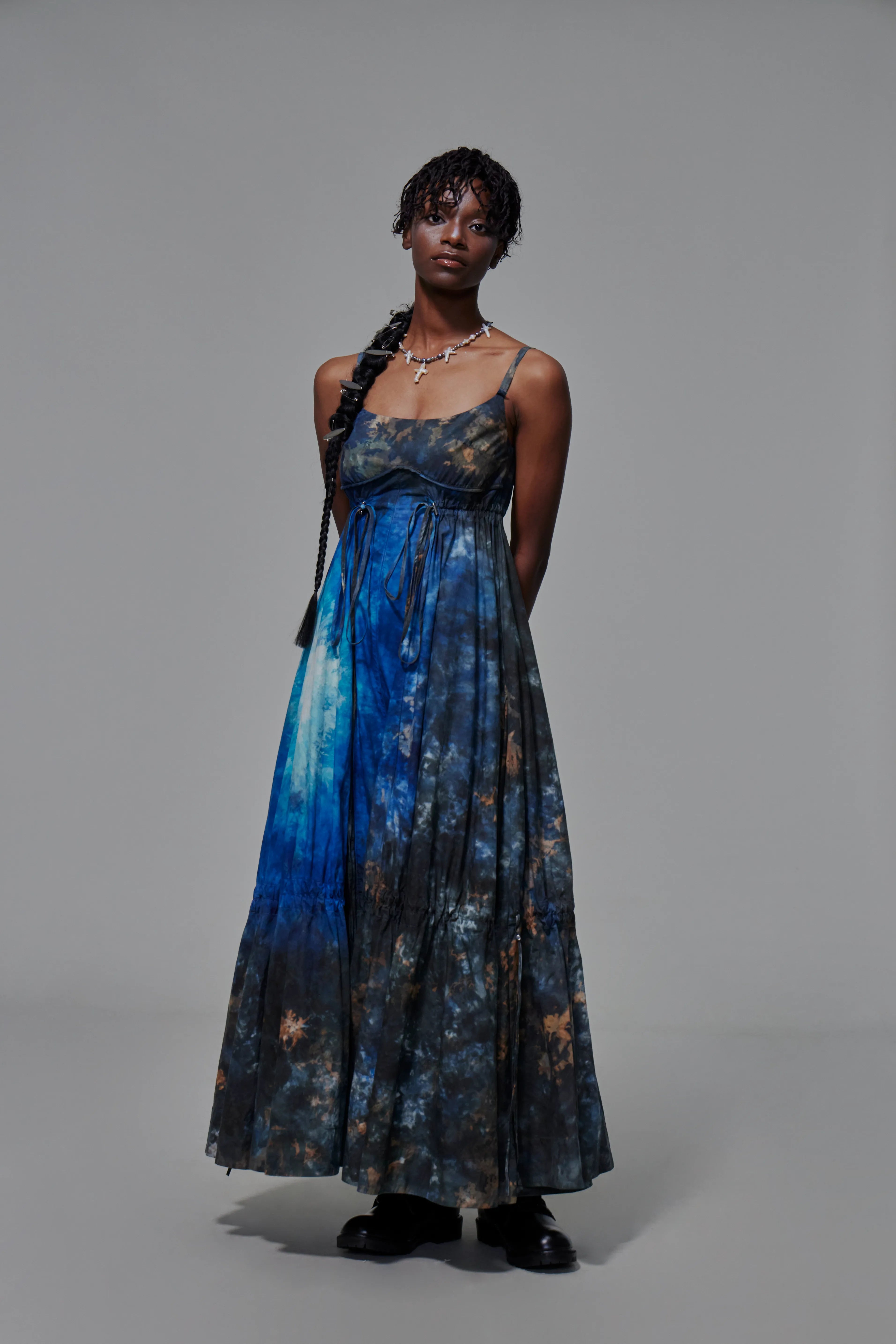 03 Drawstring Empire Maxi Dress Hand Dyed