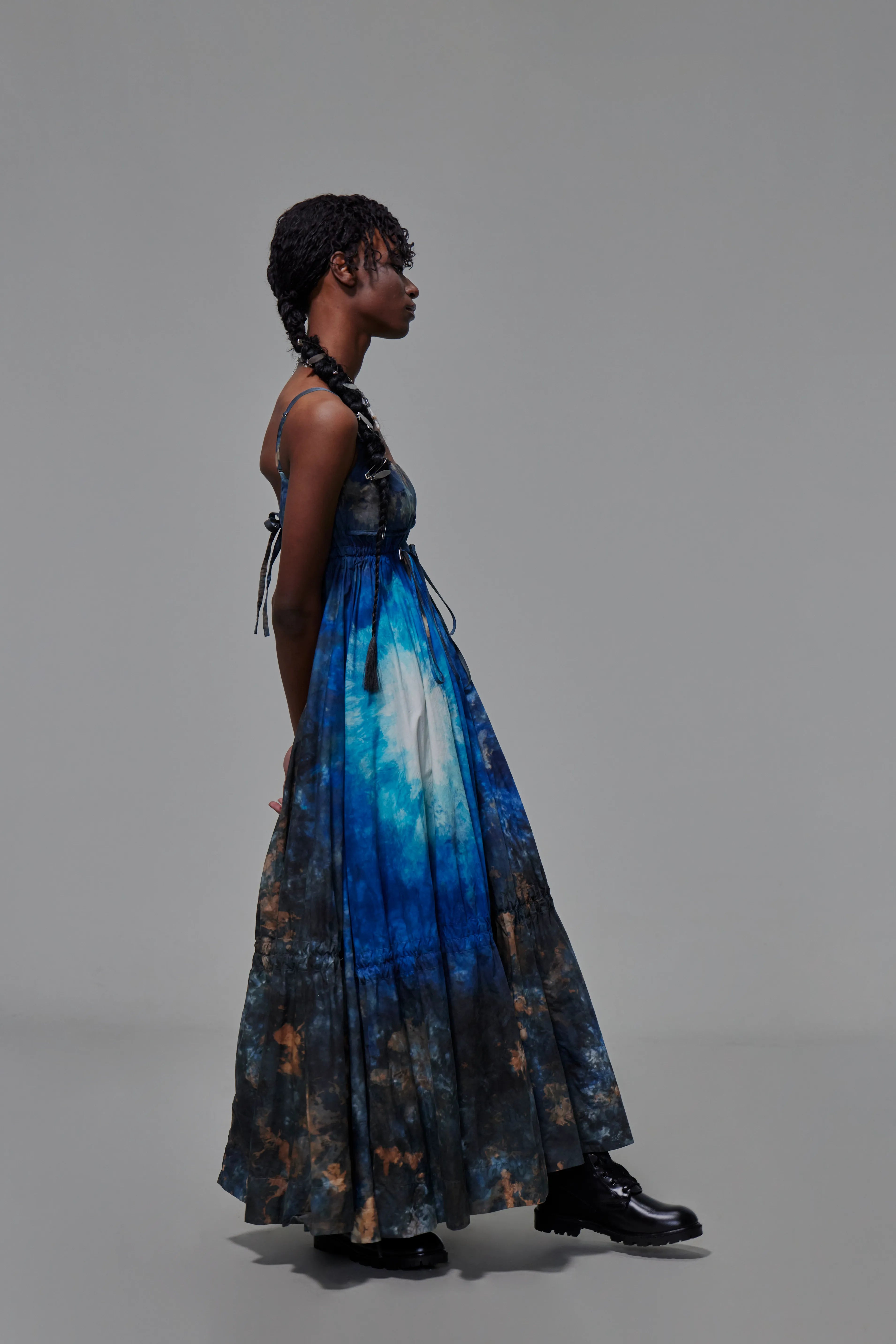 03 Drawstring Empire Maxi Dress Hand Dyed