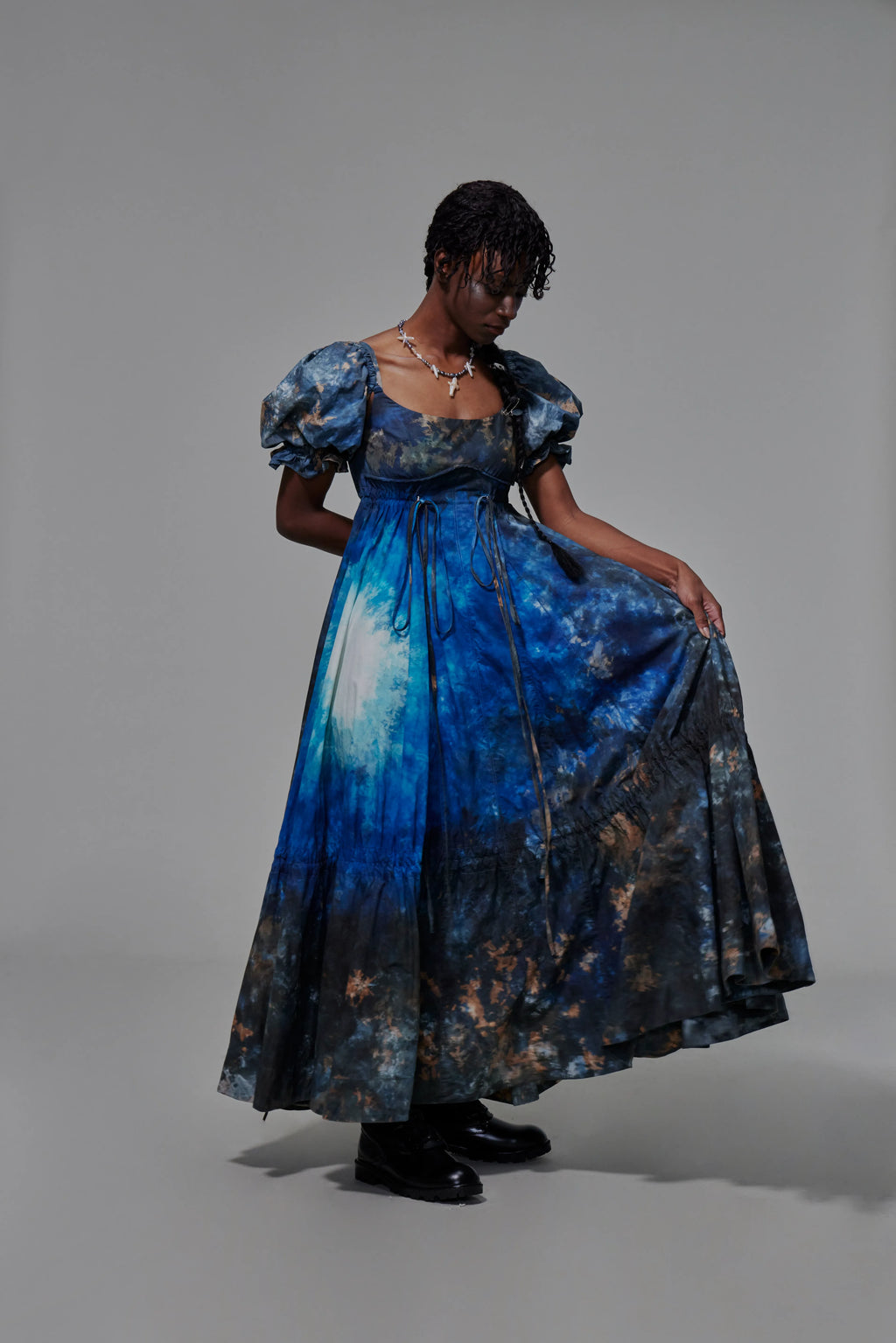03 Drawstring Empire Maxi Dress Hand Dyed