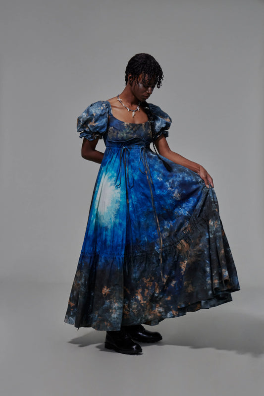 03 Drawstring Empire Maxi Dress Hand Dyed