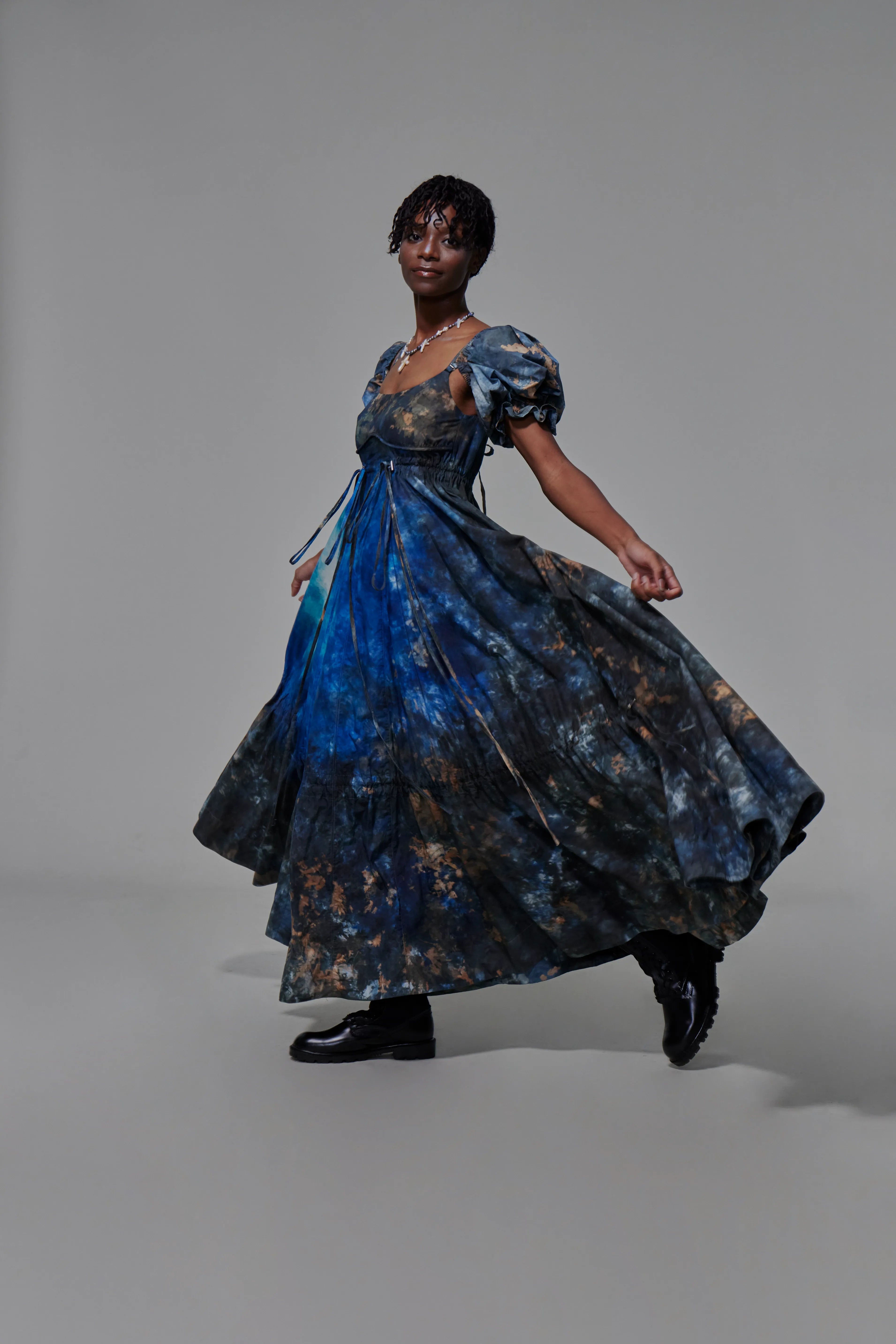 03 Drawstring Empire Maxi Dress Hand Dyed