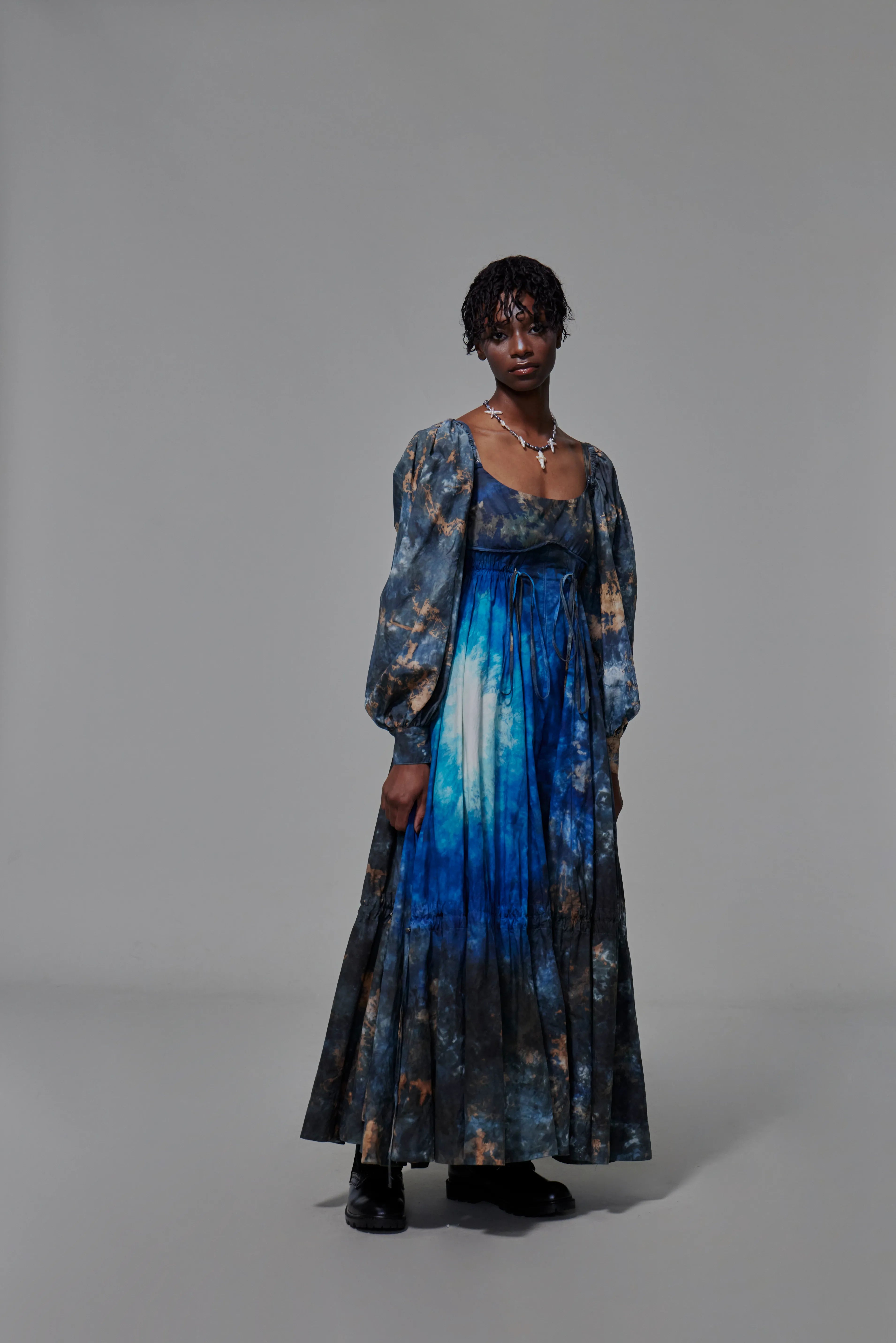 03 Drawstring Empire Maxi Dress Hand Dyed